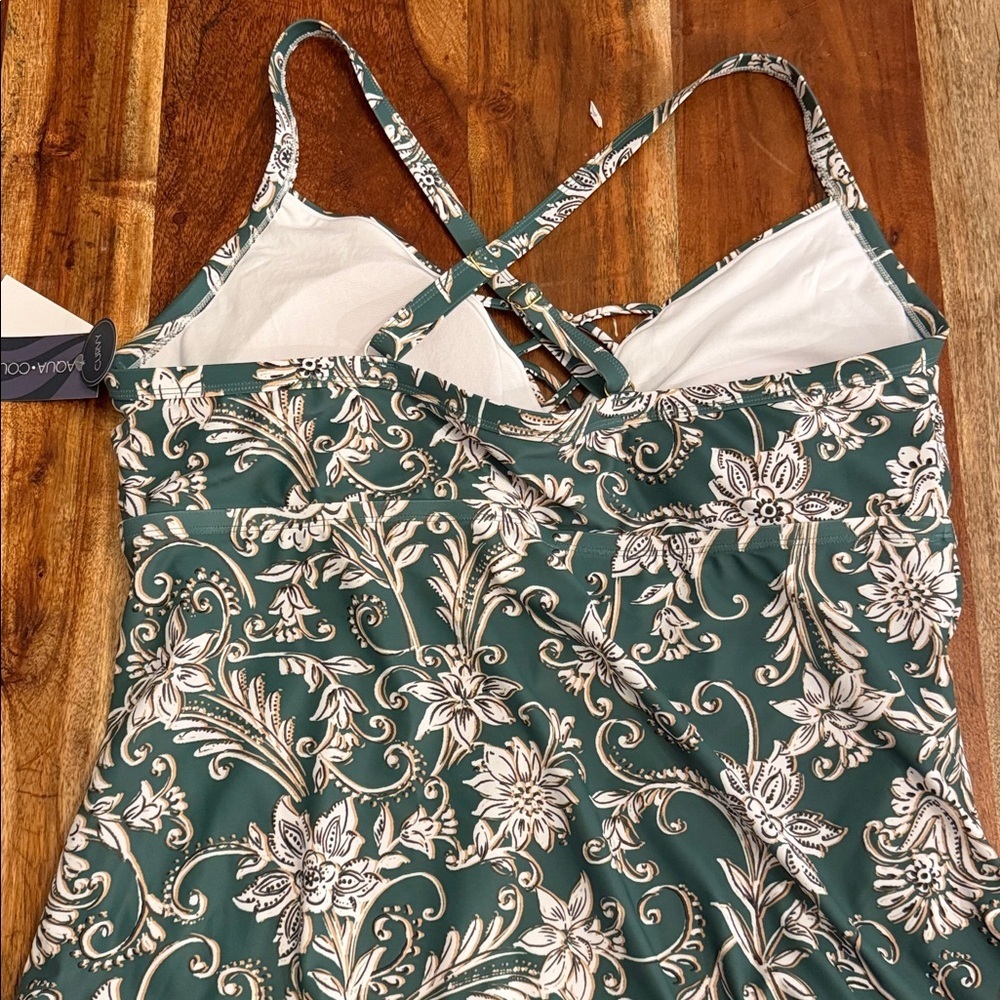Aqua Couture Floral Green and White Swim Tankini Size 2X - Picture 3 of 4